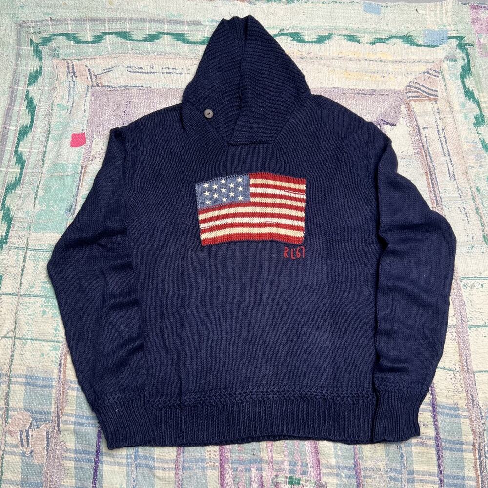 Vintage Polo Ralph Lauren American Flag Shawl Collar Knit Sweater XXL